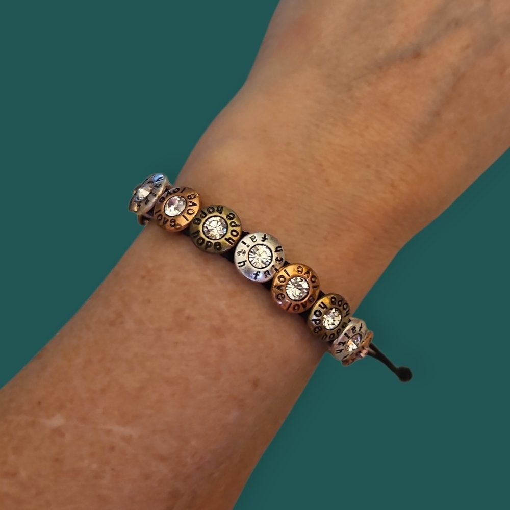PREMIER DESIGNS Mixed Metal Rhinestone Faith Hope Love Macrame Bracelet